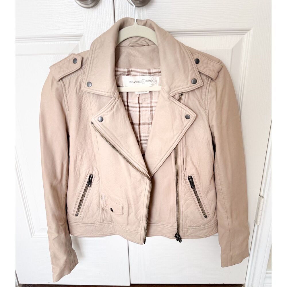 Treasure & Bond Leather Moto Jacket Beige Women's Size Small